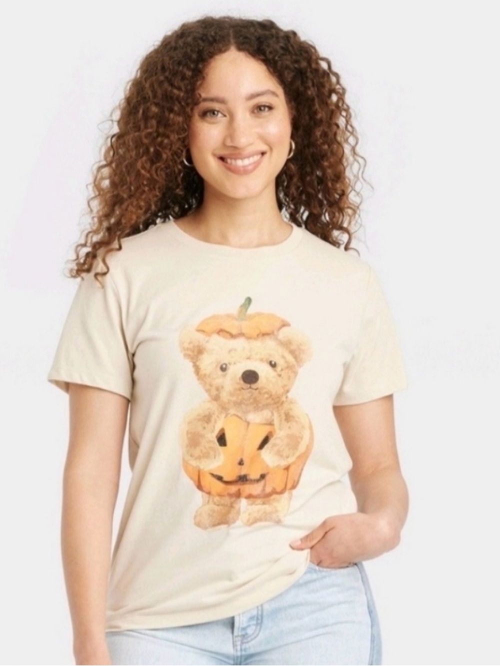 Fall Pumpkin Teddy Bear Tee - XS - Cream